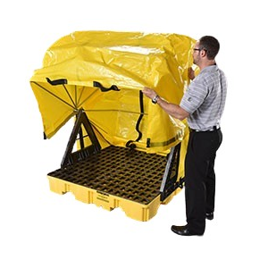 Item #1645-STC - Yellow 4 Drum Soft Top Outdoor Storage Containment Pallet With Drain